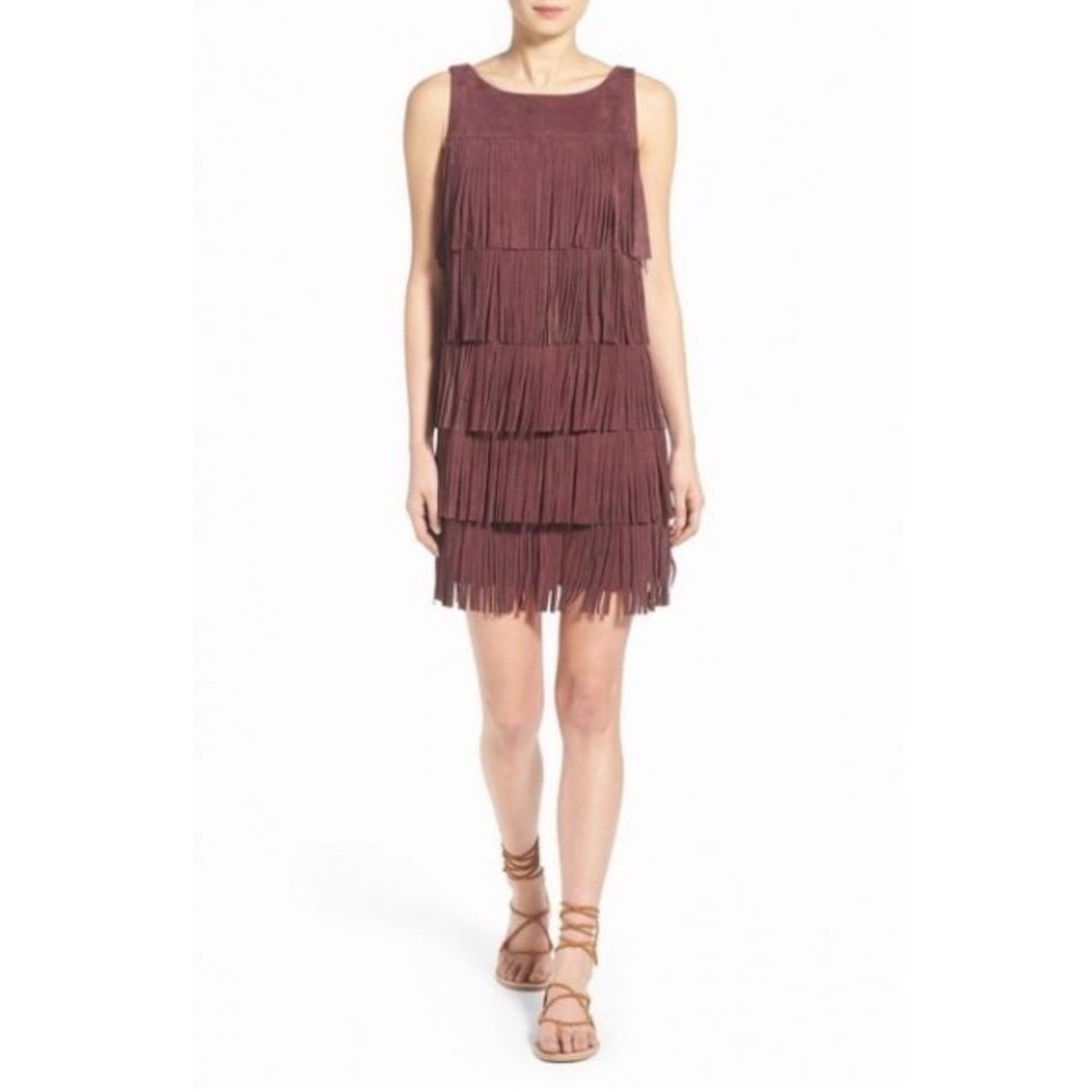 Olivia Palermo+Chelsea 28 Fringe Suede Leather Mini Dress XS Burgundy/Wine EUC - Picture 2 of 13